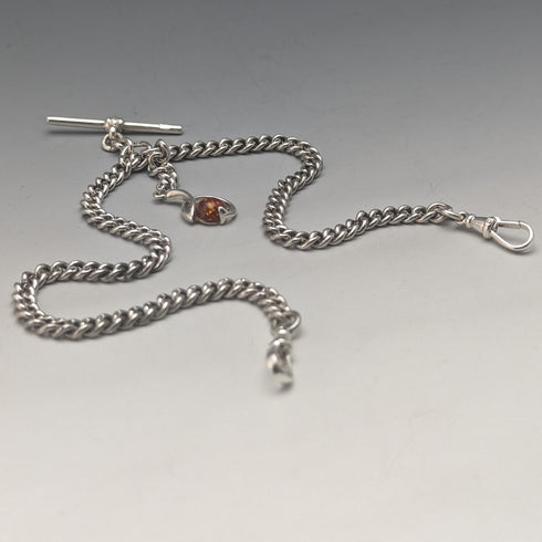 Circa 1910 British Antique Sterling Silver Double Albert Chain 37g Sterling Silver & Amber Fob